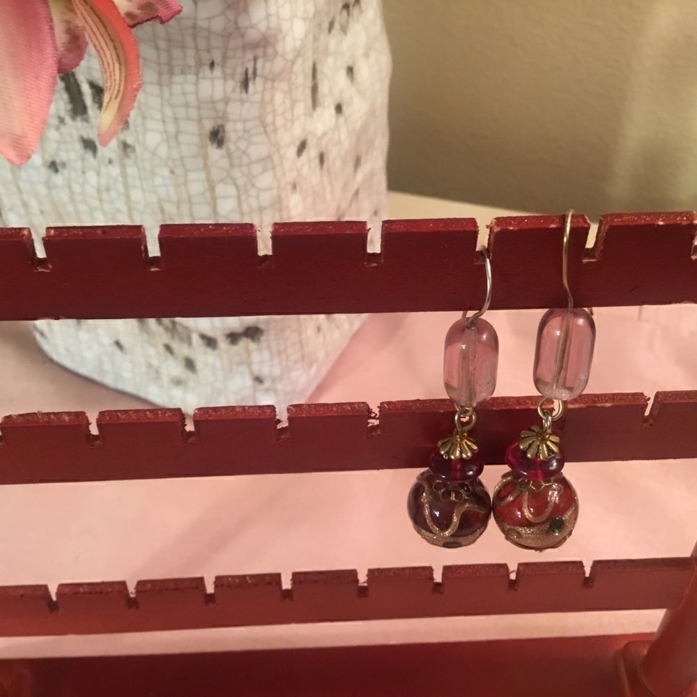 Goldtone Ear Wires w/Red Lamp Work Beads - Picture 3 of 6
